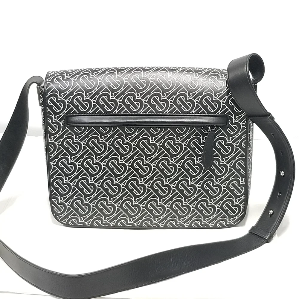 BURBERRY Calfskin Monogram TB Print Black and White Messenger Crossbody Bag